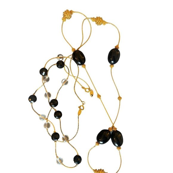 Trifari Set VTG 2 Necklaces PLUS Black Enamel Gold Clip Earrings Work Perfect - Picture 3 of 13